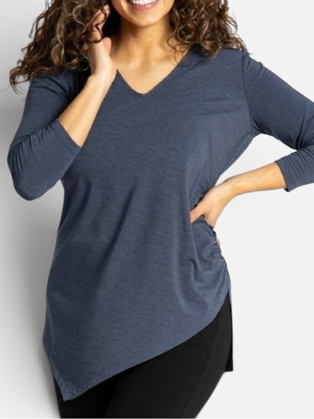 Betabrand Gray Katie Ruched Asymmetrical Side V-neck Tunic